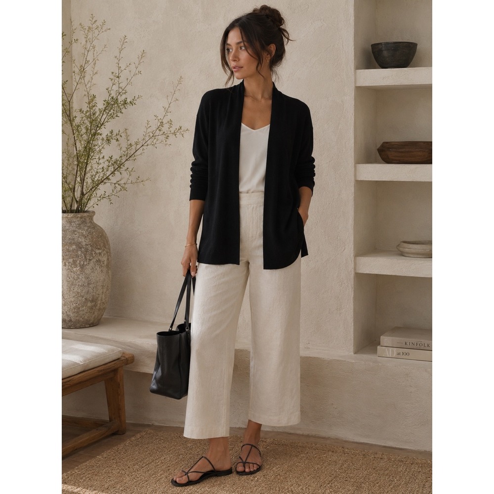 Eileen Fisher Black Open Front Cardigan  S Italian Yarn Lightweight Minimalist